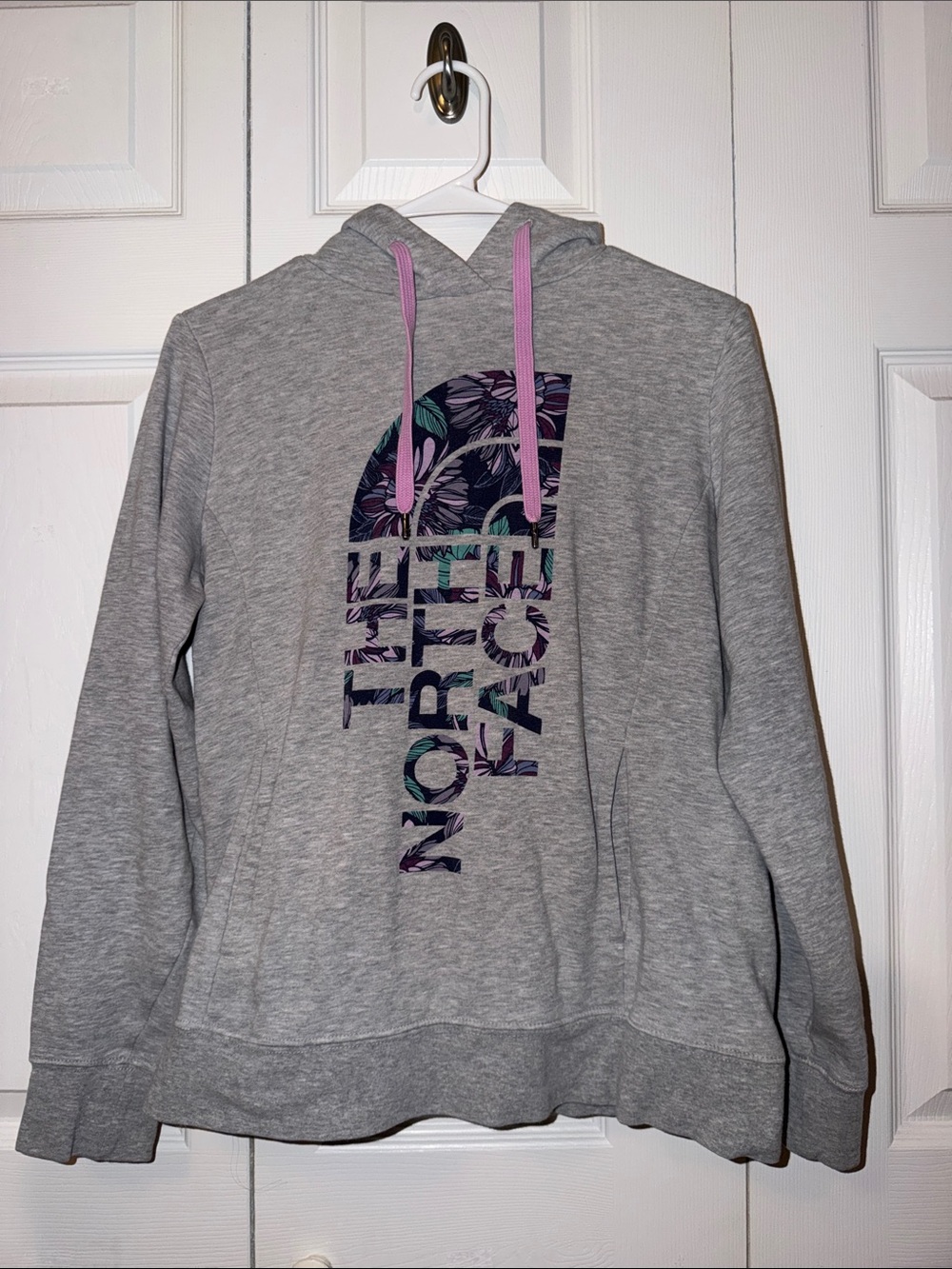 The North Face Gray Hoodie with Floral Logo and Lavender Drawstrings